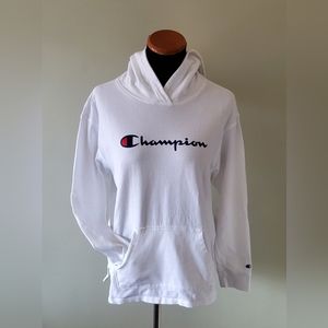 Champion Women M White Screenprint Logo Kangaroo Pocket Light Athleisure Hoodie